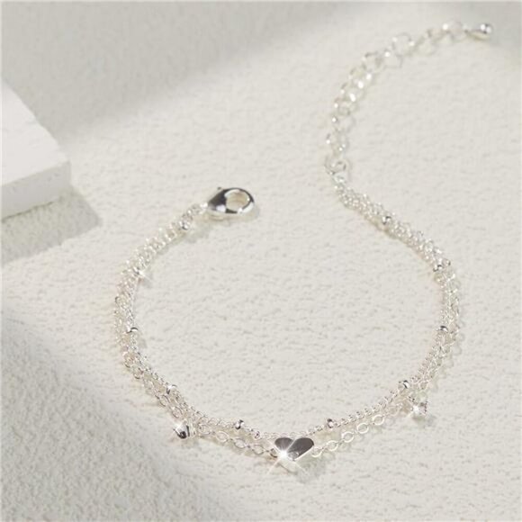 Sterling Silver Anklet for Women Heart Charm CZ Layered Waterproof Jewelry - Picture 7 of 8